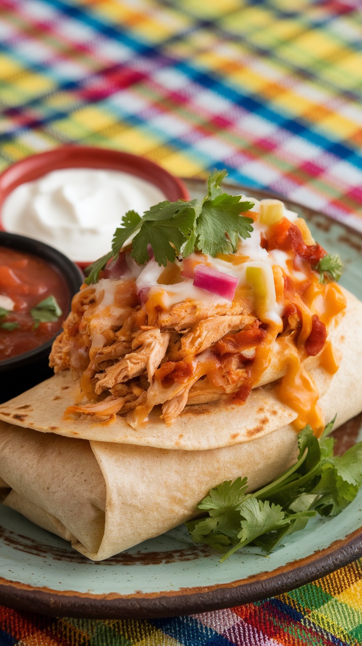 BBQ Chicken Burrito filled with chicken, cheese, and toppings, served with salsa and sour cream.